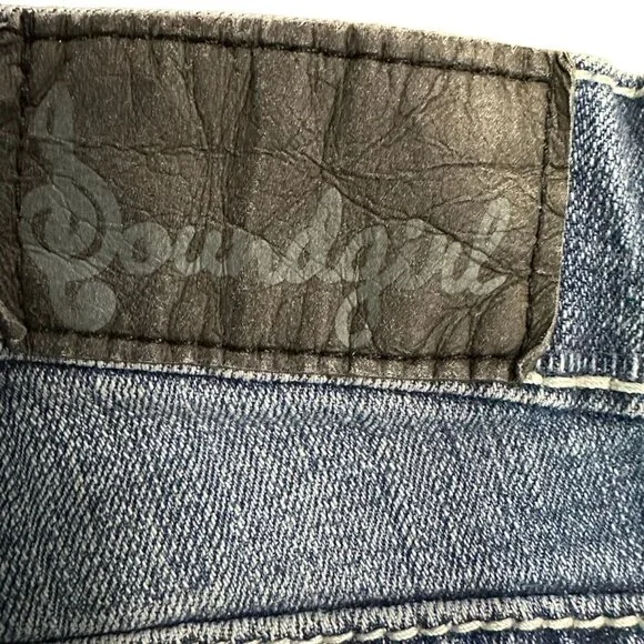 Soundgirl Jeans Juniors 17 Blue Bootcut Studs Bling Thick Stitch Fluer De Lis - Picture 13 of 16